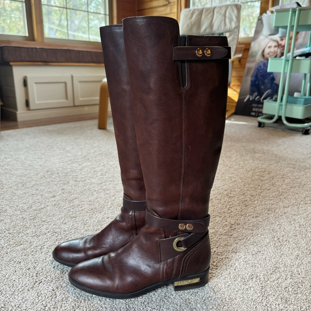 Vince Camuto Brown Leather Boots with Gold Hardware Size 9